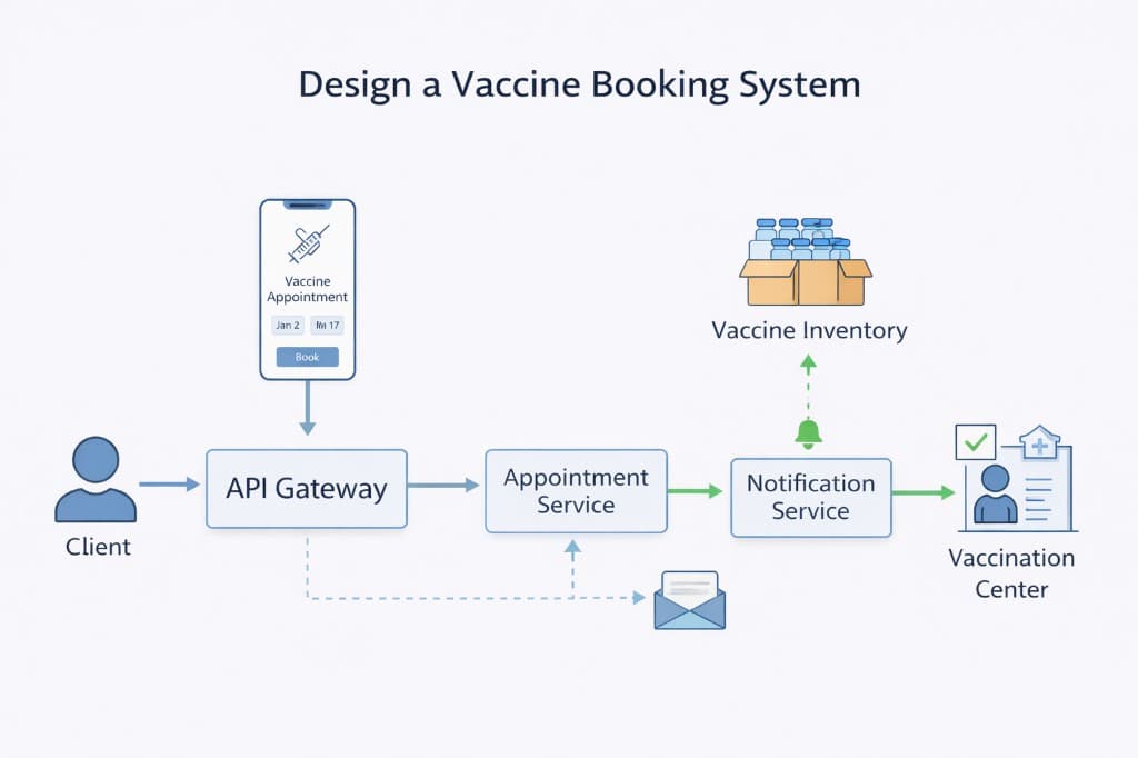 Vaccine Booking System Design (Mock Interview + Slots & Fairness) architecture diagram